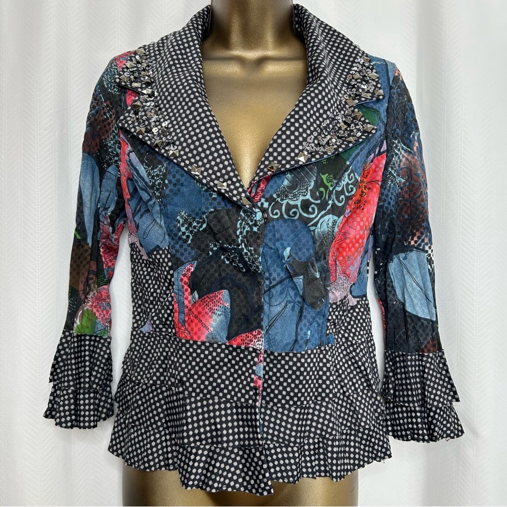 Alberto Makali black and blue print jacket studs ruffles art to wear cropped